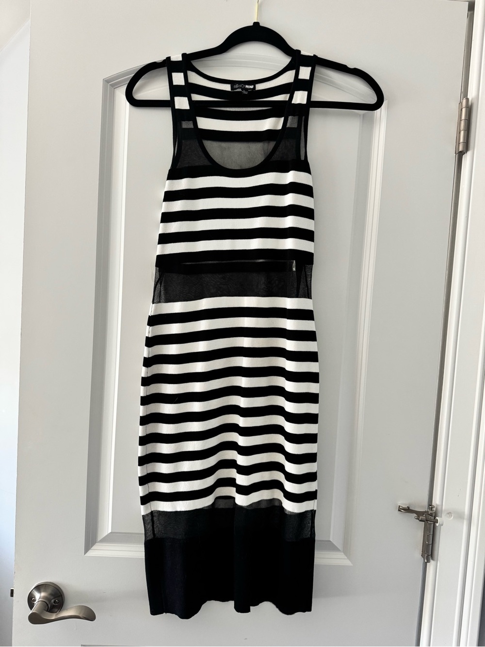 Fashion Nova Black & White Striped Mesh Panel Midi Dress